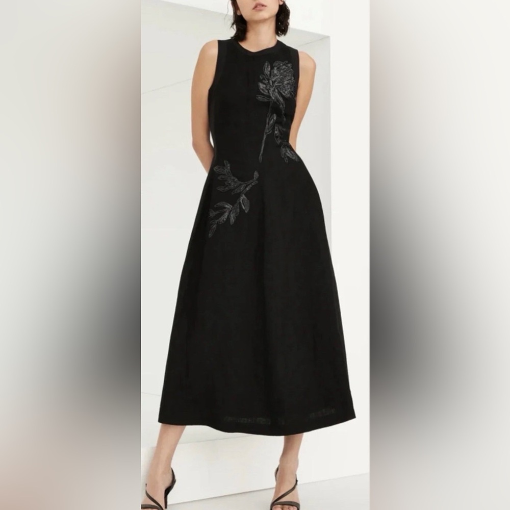 Brunello‎ Cucinelli  Black Crinkle Magnolia Embellished Midi Dress $5790. Size S